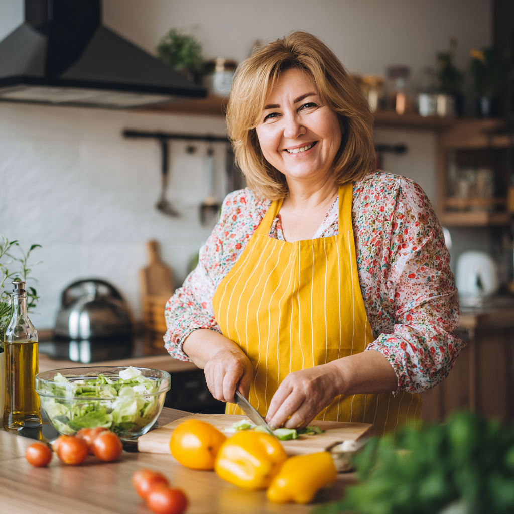 Усмихната българка на средна възраст в кухнята си, подготвяща здравословна салата с пресни зеленчуци и протеини