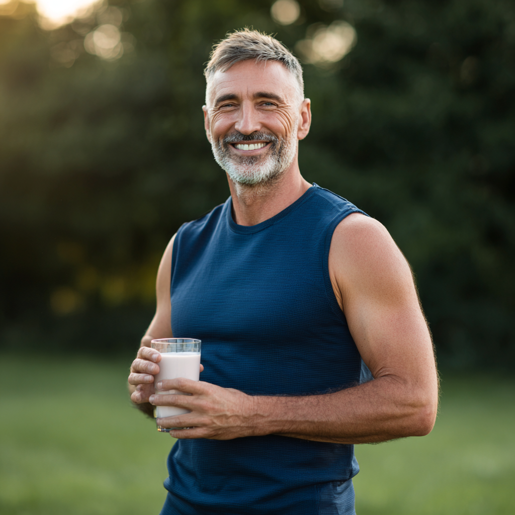 Усмихнат български мъж на средна възраст в спортно облекло, държащ чаша с протеинов шейк след тренировка в парк